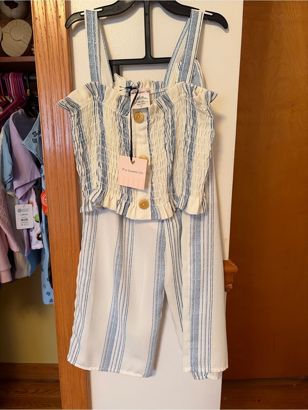NWT Girls Love Squared Blue & White Striped Smocked Jumpsuit Set